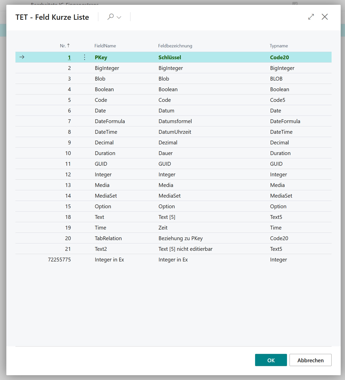 Abbildung TET - Feld Kurze Liste